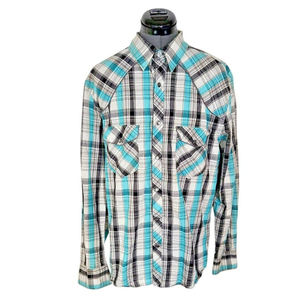 Rock & Roll Cowboy Mens Turquoise Plaid Snap Front Western Shirt Large